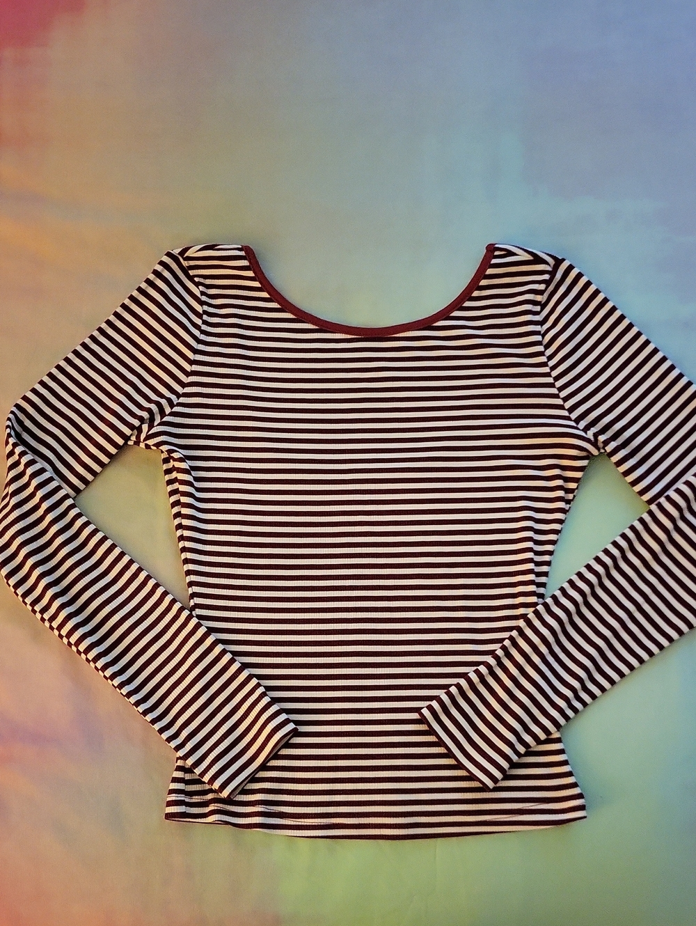 Amazon Striped Long-Sleeve Scoop Neck Top - Burgundy & White SizeS Like New